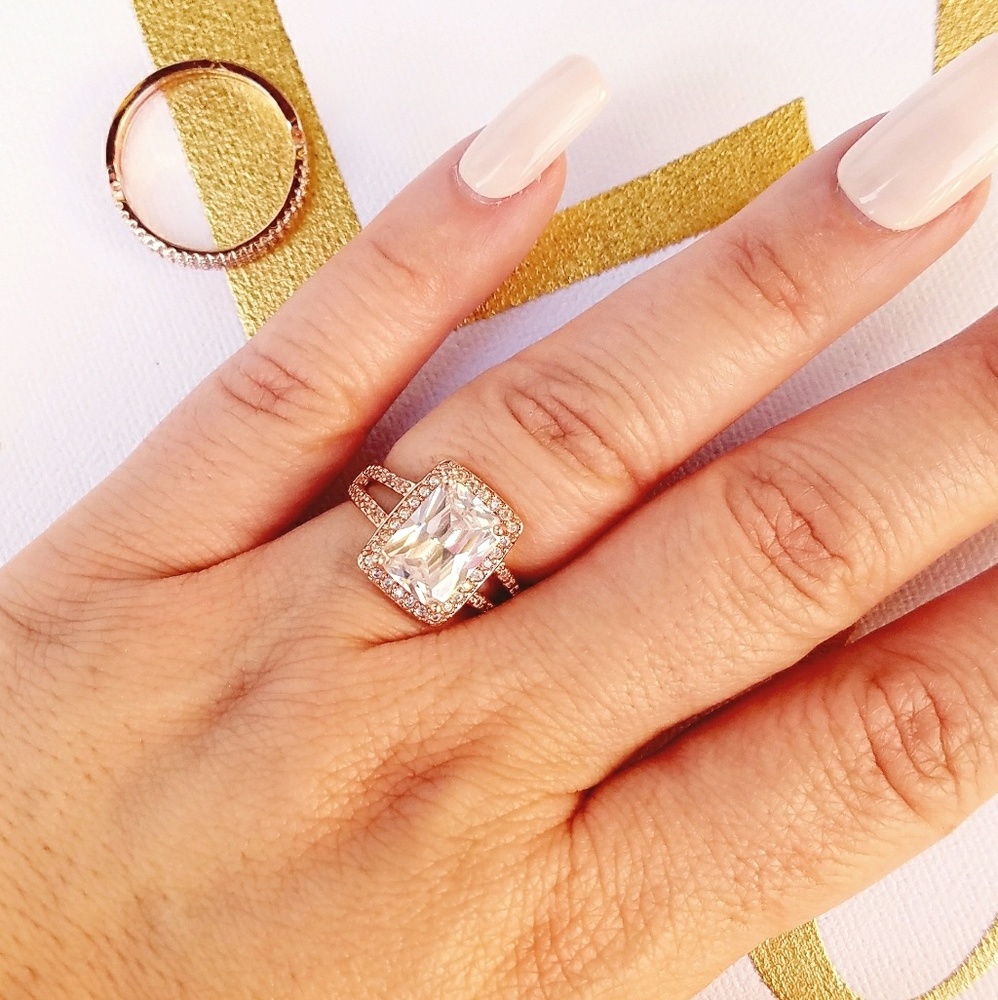 Rose Gold Emerald Cut CZ Micro Pave Ring Size 6.5